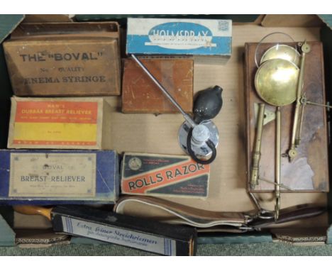 A late 19th/early 20th Century travelling apothecarys scale in mahogany veneered box with brass fittings; a later boxed set o