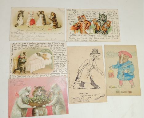 Two Louis Wain postcards - one black and white "Dan Leno How To Buy a House" c.1902 and a chromo litho of cat family c.1903 (