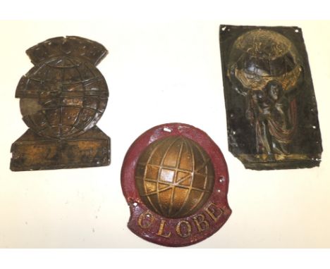 A 19th Century embossed tin fire mark "Globe" 20.5cms high; another "Globe" 25cms high on card mount (some loss) and another 