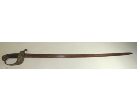 A naval sword with brass lion head pommel and wire bound shagreen grip, lacks scabbard, overall 82.5cms ++blade very rusted