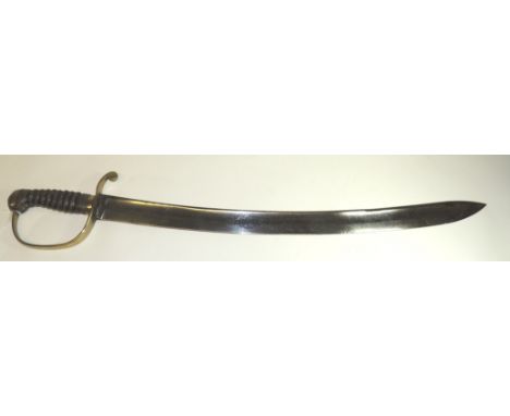 A 19th Century Naval cutlass with brass stirrup hilt, shagreen grip (lacks wire) and deeply fullered curved blade, blade 57.5