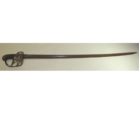 A British Naval sword with open work brass hilt, wire bound shagreen grip, folding langet, and pipe back blade, overall 95cms