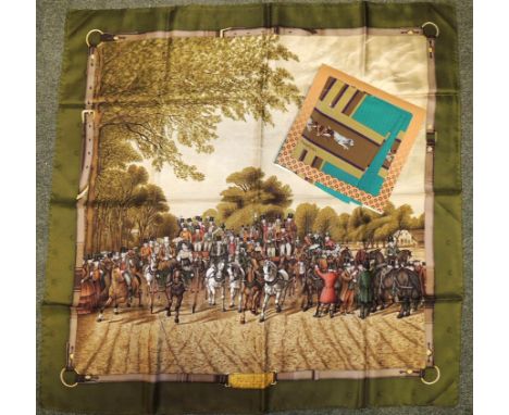 MANTERO - silk scarf with busy coaching scene pattern; silk scarf with running hounds pattern in original envelope (2) ++both