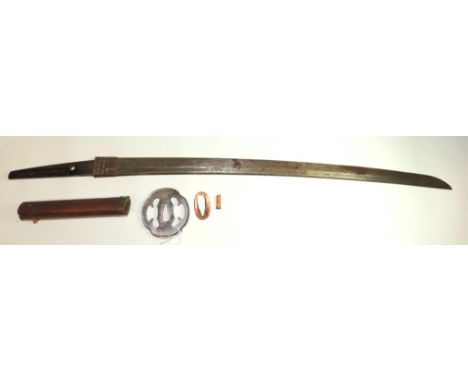 A Japanese Wakizashi having plain wood grip, heavy steel tsuba and slightly curved blade,  the tang with single hole and char