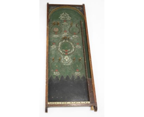 A 19th Century Bagatelle board with painted decoration and original turned wood posts and metal bell, 140cms x 48cms ++some w