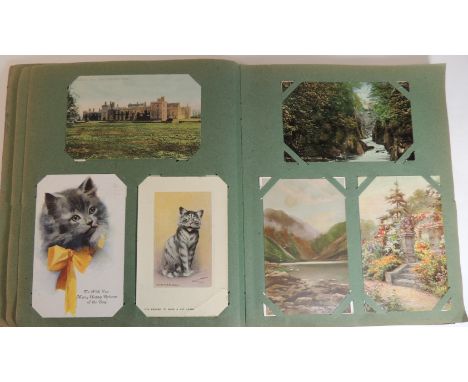 An album of approx 200 mixed postcards including Louis Wain Philco Series cat; peg doll and teddy; chromo litho animals; phot