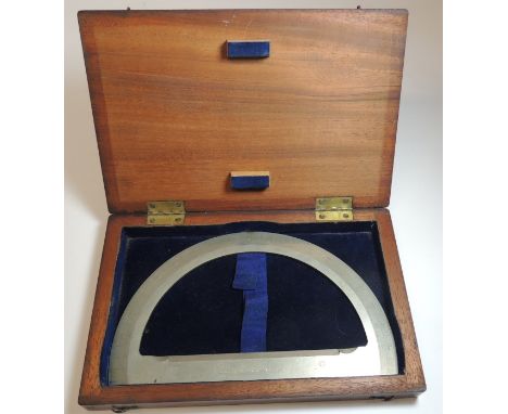 A large late 19th Century white metal protractor in original mahogany box, by Elliott Brothers, London and with engraved scal