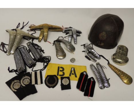 A quantity of  fire brigade cloth and metal insignia including pairs of brass, white metal and chain link epaulettes; a "BA" 