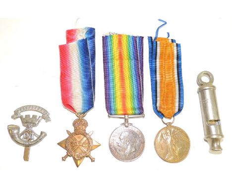 WWI Trio named to 4897 R Prole Lan Fus (Cpl on star and Sgt on WM and VM); a Hudson whistle 1915 and a Somerset LI white meta