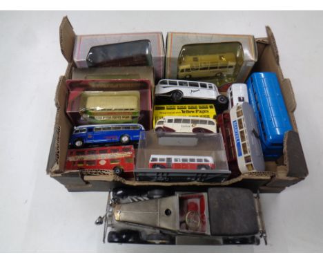 A box of Corgi, Matchbox, busses, coaches, batter operated vintage car 