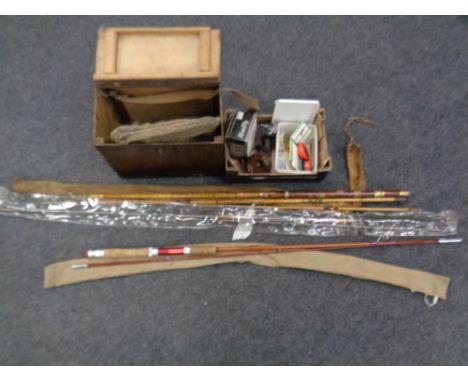 A Milbro two-piece fishing rod together with a further Pioneer two-piece fishing rod , three piece split cane fly rod in carr