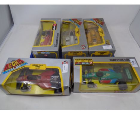 Five Burago 1:24 scale die cast racing cars - Ferrari C64 turbo, Monza Grand Prix, McLaren MP4/2 Turbo, Benetton, Ford, Honda