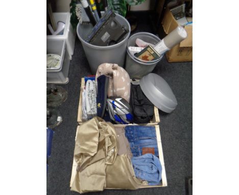 A plastic bin and two boxes of G-tech floor sweeper, curtains, jeans, bike accessories, carpet protector tape etc 