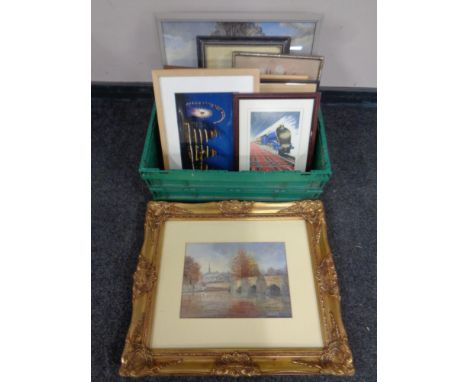 A crate containing a quantity of assorted framed pictures and prints, J. Bates watercolour, rural landscape, a K. Baggeley wa
