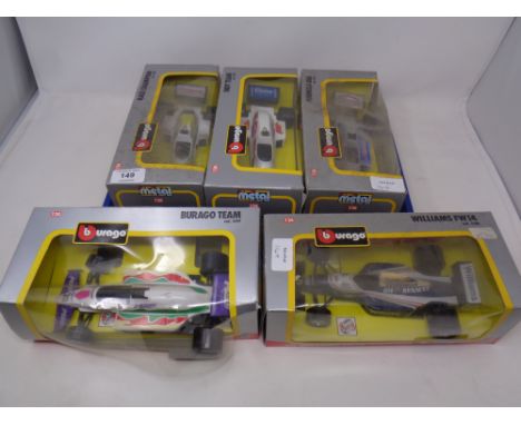 Five Burago 1:24 scale die cast racing cars - Williams FW 14, Formula USA Indy Team Race Champion, Burago Team, boxed 