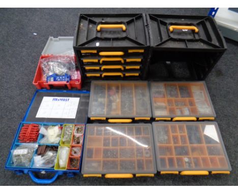 Two Raaco handy boxes with eight pull out trays containing nuts, bolts, components together with a further plastic caddy and 