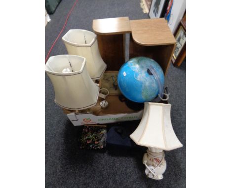 A box of wooden book troughs, pair of marble table lamps with shades, further Clarice Cliff ceramic table lamp with shade (af