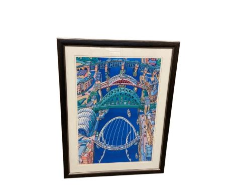 After John Coatsworth : Bridges of Newcastle upon Tyne, colour print, 58 cm x 84 cm, framed.