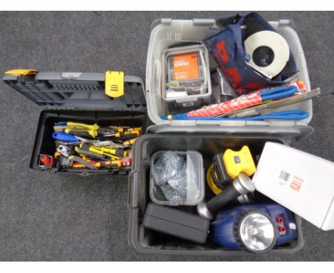 A tool box and two crates of torches, Little Giant ladder system, hand tools wood screws, socket covers etc 
