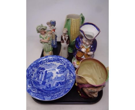 A tray of ceramics, Copeland Spode Italian bowl, Royal Doulton character jug Touchstone, further antique jug, Continental fig