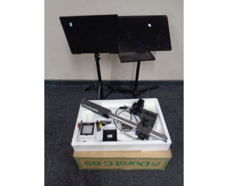 A boxed Durst Mesixcol photographic enlarger together with three metal tripod projector stands 