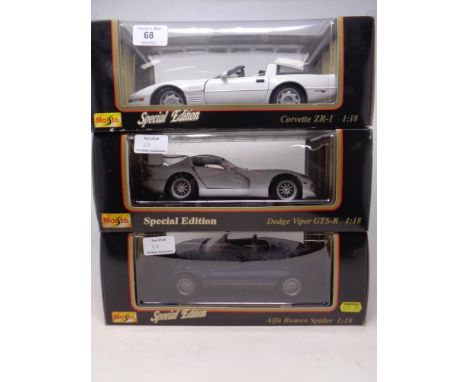 Three Maisto 1:18 Special Edition die cast vehicles - Corvette ZR-1, Dodge Viper GTS-R and a Alpha Romeo Spider, all boxed 