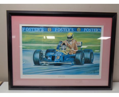 A Michael Goodliff signed limited edition print, Nigel Mansell and Ayrton Senna Silverston British Grand Prix 1991, no 348 of