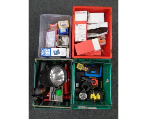 Four crates of inspection lamps, axle stands, tape measures, spot lights, pipe freezing kit etc.