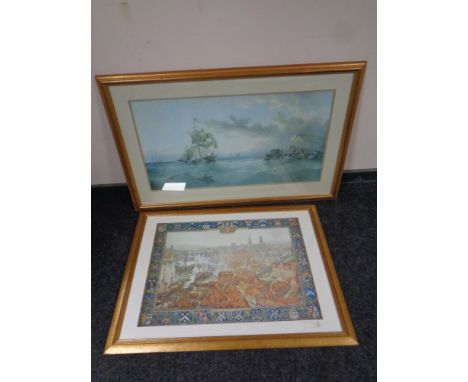 A topographical print - Newcastle upon Tyne, signed in pencil, together with a further print - French boat in choppy water, f