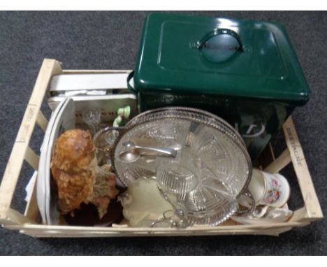A box of miscellaneous to include enamel bread bin, vintage first aid kit, beefeater plate, glass ware, serving dish etc 