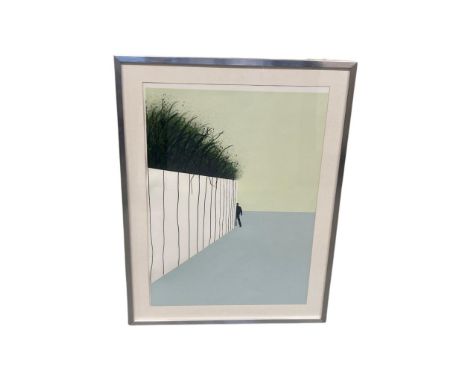 Contemporary School :  Gentleman by a wall, colour print, 49 cm x 70 cm, framed.