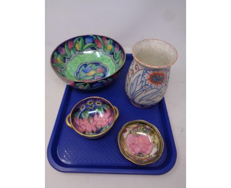 A tray of Crown Ducal Charlotte Rhead designed vase number 4924 (Af), together with three pieces of Maling china 