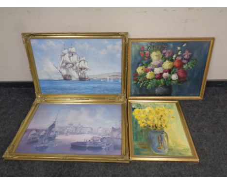 An oil on board - Flowers, together with a further gilt framed print - Flowers and two further prints in decorative frames.