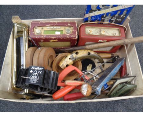 A crate of tools, vintage Roberts and DAB radio, letter boxes, eco fan etc 