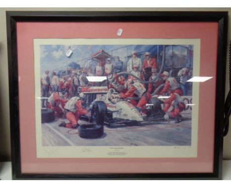 An Alan Fearnley signed limited edition print, Indycar Champions, signed by Nigel Mansell, no 604 of 1000