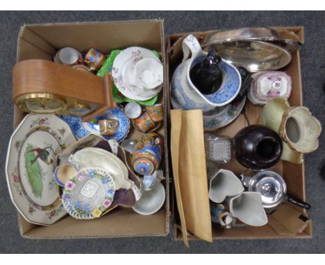 Two boxes of miscellaneous to include antique and later ceramics, Japanese tea ware and vase, battery operated bracket clock,