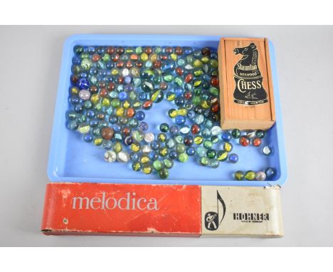 A Collection of Various Mid/Late 20th Century Glass Marbles, A Hohner Melodica, Together with a Boxwood Chess Set, One Black 