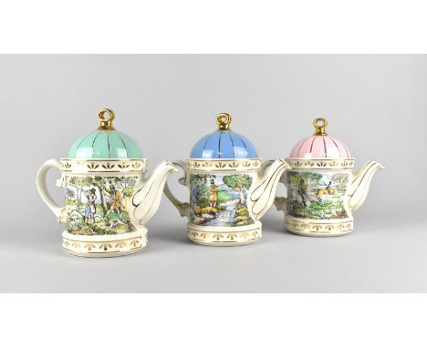 Three Sadler Novelty Teapots, Sporting Scenes of the 18th Century, 'Shooting', 'Fishing' and 'Hunting' 