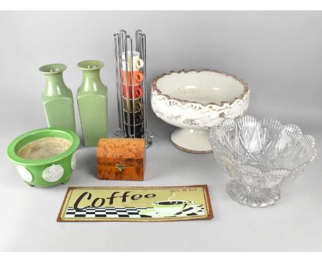 A Collection of Various Items to Comprise Celadon Vases, Planter, Stoneware Pedestal Bowl, burr Box, Coffee Cans, Sign etc 