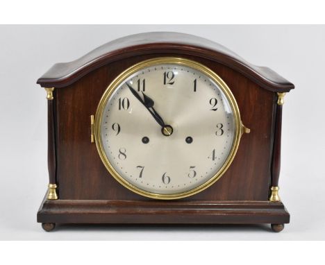 A Mid 20th Century Mahogany Mantel Clock with Brass Mounted Pilasters and Arched Top, 32.5cms Wide 