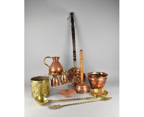 A Collection of Various Copper and Brasswares to Comprise Copper Jugs, Posser, Hand Beaten Tavern Scene Planter, Bed Warming 