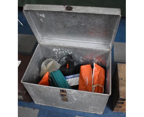 A Galvanized Iron Travelling Trunk, Hinged Lid Sencilled JT Turney containing Various Spanner Sets, Electric Drill, Other Too