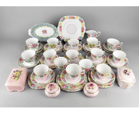 A Colclough Pink, White and Floral Trim Tea Set to Comprise Cups, Saucers, Side Plates, Cake Plate, and a Milk Jug Together w