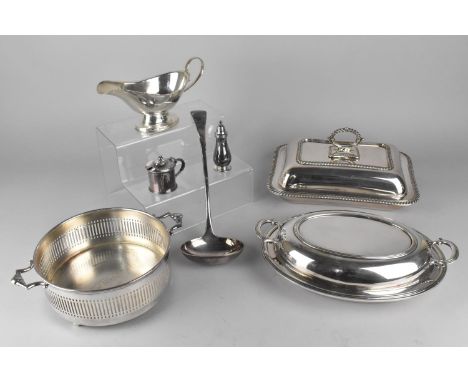 A Collection of Silver Plated Dinnerwares to Comprise Entree Dishes, Ladle, Pierced Twin Handled Coaster, Cruets and a Sauce 