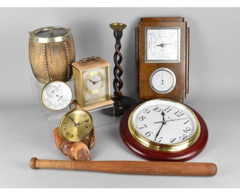 A Collection of Various Items to Comprise Single Oak Barley Twist Candle Sticks, Oak Beaded Biscuit Barrel, Burr Based Clock,