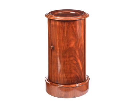 VICTORIAN MAHOGANY CYLINDER POT CUPBOARD FITTED WITH ONE SHELF. RAISED ON A CIRCULAR PLYNTH BASE.HEIGHT: 29 INCHES.DIAMETER: 