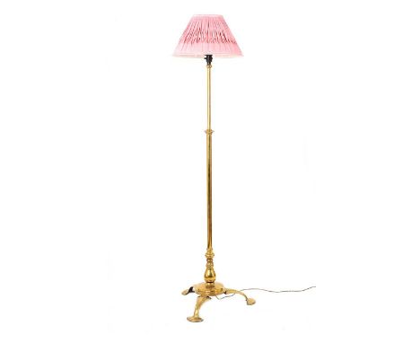 BRASS ART NOUVEAU TELESCOPIC STANDARD LAMP & SHADE. RAISED ON THREE PAD FEET. HEIGHT: 67 INCHES.IN GOOD CONDITION.