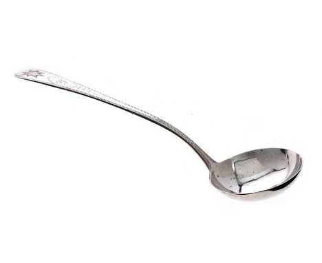 BRIGHT CUT IRISH SILVER SOUP LADLE 1914. ENGRAVED INITIAL G. MAKER SHARMAN D. NEILL.WEIGHT: 300 GRAMS. LENGTH: 14 INCHES.IN G