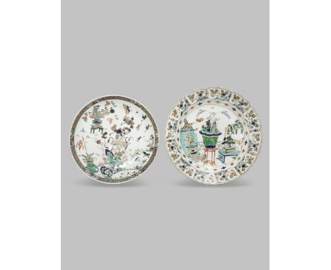 TWO CHINESE FAMILLE VERTE DISHES KANGXI 1662-1722 One moulded and painted with a crane, a deer and the Three Friends of Winte