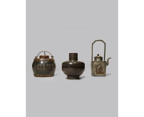 A CHINESE YIXING TEAPOT, LINER AND COVER AND A PEWTER TEA CANISTER 20TH CENTURY Formed as a barrel with studs to the rims, th